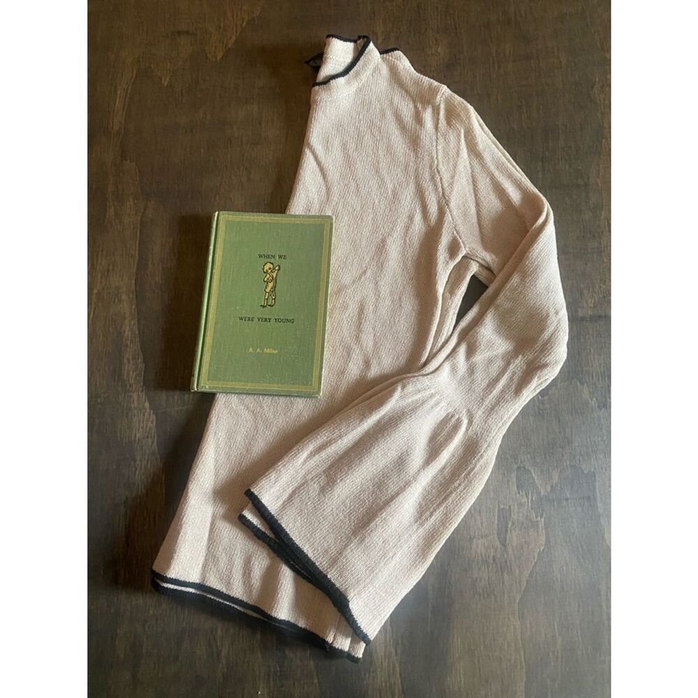 Lumiere Cream Long-Sleeve Mock Neck Sweater Fluted Sleeve Contrast Trim Sweater